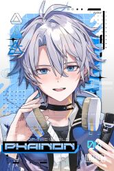 Rule 34 | 1boy, black choker, blue background, blue eyes, blue shirt, blush, border, character name, choker, collared shirt, commentary, grey border, grey hair, grid background, hair between eyes, hand up, hashtag-only commentary, headphones, headphones around neck, heto, highres, honkai: star rail, honkai (series), long sleeves, looking at viewer, male focus, open mouth, outside border, parted bangs, phainon (honkai: star rail), shirt, short hair, smile, solo, upper body, watermark