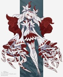 1girl blue_background colored_sclera colored_skin commentary commission dress english_commentary extra_eyes full_body highres jacket looking_at_viewer monster_girl no_feet original red_dress red_hair red_sclera ruteko_(ruko220) skeb_commission solo tentacle_hair tentacles twintails white_eyes white_hair white_jacket white_skin
