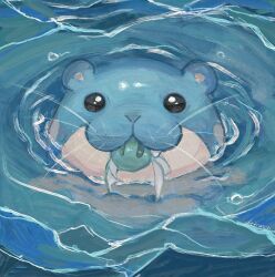 Rule 34 | :3, afloat, black eyes, bubble, commentary, dietranch, english commentary, fang, gen 2 pokemon, gen 3 pokemon, highres, looking at viewer, mouth hold, nintendo, no humans, pokemon, pokemon (creature), pokemon focus, remoraid, spheal, water, whiskers