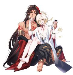 2boys absurdres arm_tattoo asura_(onmyoji) bishounen black_hair blonde_hair blush chest_tattoo closed_mouth commentary commentary_request earrings facial_mark feet full_body green_eyes highres jewelry konsai_2 long_hair looking_at_another looking_at_viewer male_focus multicolored_hair multiple_boys muscular muscular_male nail_polish onmyoji red_hair red_tattoo ring short_hair simple_background sitting sitting_on_lap sitting_on_person skinny streaked_hair taishakuten_(onmyoji) tattoo teeth toenail_polish toenails tongue two-tone_hair white_background yaoi