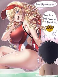 Rule 34 | 1boy, 1girl, absurdres, ass, bathtub, blonde hair, blue eyes, breasts, competition swimsuit, drill hair, ebora, english text, hair over one eye, highres, i&#039;m not at the beach this is a bathtub (meme), kamijou touma, large breasts, lifeguard, long hair, one-piece swimsuit, oriana thomason, sideboob, smile, speech bubble, swimsuit, thighs, toaru majutsu no index
