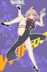 1girl absurdres ahoge black_dress blonde_hair china_dress chinese_clothes clothing_cutout dress fingerless_gloves full_body gloves hair_over_one_eye highres holding holding_plate leg_up low_block_heels parumiharu plate purple_eyes single_fingerless_glove smile standing standing_on_one_leg sweety_(zenless_zone_zero) tinted_eyewear underboob_cutout unworn_eyewear yellow-tinted_eyewear zenless_zone_zero