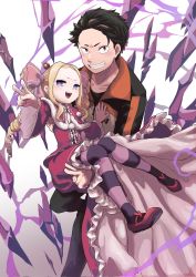 Rule 34 | 1boy, 1girl, :d, age difference, beatrice (re:zero), blonde hair, blue eyes, butterfly-shaped pupils, capelet, carrying, commentary request, crown, dress, grin, hair ribbon, highres, jacket, kotarou (kotakota ee), long hair, looking at viewer, mini crown, natsuki subaru, open mouth, pants, pantyhose, pink ribbon, re:zero kara hajimeru isekai seikatsu, ribbon, shoes, short hair, sidelocks, smile, striped clothes, striped pantyhose, symbol-shaped pupils, teenage boy and younger girl, teeth, tongue, v