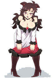 1girl ahoge animal_ears boots breasts bright_pupils brown_boots brown_eyes brown_hair cleavage commentary_request dress highres imaizumi_kagerou large_breasts leaning_forward long_hair long_sleeves looking_at_viewer open_mouth red_dress red_nails sakamoto_fred simple_background solo touhou two-tone_dress white_background white_dress white_pupils wolf_ears wolf_girl