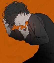 1boy aam09212 glasses hand_in_own_hair hands_in_hair highres kamen_rider kamen_rider_gavv_(series) limited_palette long_sleeves male_focus orange_background shirt short_hair simple_background solo suga_kenzo