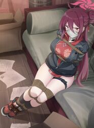 1girl absurdres bdsm blue_archive bondage bound breasts cloth_gag full_body gag gagged highres improvised_gag indoors looking_at_viewer mole mole_under_eye cloth_gag over_the_nose_gag red_eyes red_hair reijo_(blue_archive) restrained shibari sitting solo sweat vakaosciosa