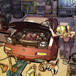 1girl animal breasts cat commentary commission dated engine english_commentary eunos_roadster garage green_eyes hair_between_eyes hair_intakes leaning_forward license_plate mazda mechanic necosuke open_car_hood open_mouth original overalls_pull ponytail shoes small_breasts socket_wrench solo steering_wheel unused_tire vehicle_focus wrench