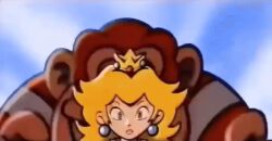 1990s_(style) 1992 1girl animated animated_gif blonde_hair blue_eyes brown_hair crown donkey_kong_(series) donkey_kong_jr. earrings game_console grin jewelry lipstick long_hair looking_at_viewer lowres makeup mario_(series) mario_kart nintendo official_art princess princess_peach retro_artstyle size_difference smile snes sphere_earrings super_mario_kart suprised_look surprised tagme