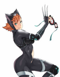1girl batman_(series) batman_ninja black_bodysuit blue_eyes bodysuit breasts catwoman claws clothing_cutout dc_comics from_side highres holding holding_mask korean_commentary looking_back mask medium_breasts navel_cutout orange_hair purplevortex selina_kyle short_hair smile solo