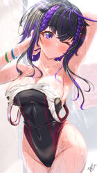 1girl absurdres armpits ayakase_hotaru bare_shoulders black_hair black_one-piece_swimsuit blush breasts cleavage cowboy_shot highres indoors large_breasts medium_hair multicolored_hair one-piece_swimsuit one_eye_closed original purple_eyes purple_hair showering signature solo streaked_hair swimsuit two-tone_hair