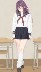 1girl absurdres alternate_costume arknights black_sailor_collar black_skirt blonde_hair blush brown_hair brown_shoes chair commentary_request contemporary desk doubutsu_koujou full_body gradient_hair highres hijiri_byakuren indoors loafers long_hair long_sleeves looking_at_viewer loose_socks multicolored_hair neckerchief pleated_skirt red_neckerchief sailor_collar school_chair school_desk school_uniform serafuku shirt shoes skirt socks solo touhou very_long_hair white_shirt white_socks