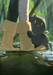 1girl absurdres animal_focus asymmetrical_legwear bandaged_leg bandages black_boots boots cat chomusuke feet foot_focus highres kono_subarashii_sekai_ni_shukufuku_wo! koukouya megumin mismatched_legwear outdoors puddle single_thighhigh thighhighs wading water