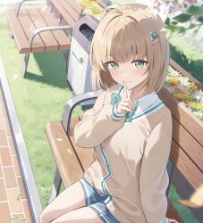 1girl ahoge ale_nqki ano_koro_ii_kanji_datta_joshi-tachi_to_onaji_class_ni_narimashita bare_legs blurry blurry_foreground bow bowtie brown_hair cardigan finger_to_mouth flower grass green_eyes hair_ornament highres index_finger_raised leaf novel_illustration official_art on_bench pleated_skirt pov school_uniform second-party_source short_hair shushing sitting skirt sleeves_past_wrists smile solo trash_can yuzuha_yui