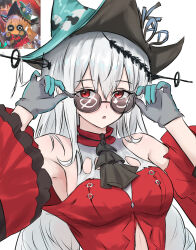 1girl :o absurdres adjusting_eyewear aqua_gloves aqua_hat arknights arrow_(symbol) ascot bare_shoulders black_ascot black_gloves black_hat breasts chinese_commentary commentary_request gloves hair_between_eyes hat highres inset long_hair long_sleeves looking_at_viewer medium_breasts parted_lips red_eyes red_shirt runyo_(yale12312) secretary_settings_(arknights) shirt simple_background skadi_(arknights) skadi_the_corrupting_heart_(arknights) solo sunglasses two-sided_fabric two-sided_headwear upper_body white_background white_hair