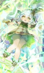 1girl cross-shaped_pupils detached_sleeves dress genshin_impact gradient_hair green_eyes green_hair hair_between_eyes hair_ornament highres jewelry leaf_hair_ornament long_hair looking_at_viewer multicolored_hair nahida_(genshin_impact) okkobc open_mouth pointy_ears shorts side_ponytail smile solo symbol-shaped_pupils upper_body white_dress white_hair white_shorts