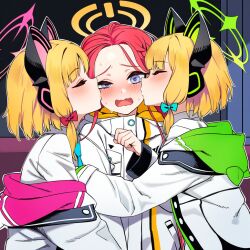 3girls @_@ ai-generated animal_ear_headphones animal_ears bad_tag blonde_hair blue_archive blue_necktie blue_neckwear blush bow cat_ear_headphones closed_eyes collared_shirt fake_animal_ears female forehead girl_sandwich green_halo hair_bow hair_ornament hair_ribbon halo headphones jacket kiss kissing_cheek long_hair long_sleeves midori_(blue_archive) momoi_(blue_archive) multicolored multicolored_clothes multicolored_jacket multiple_girls necktie neckwear open_clothes open_mouth red_hair ribbon sandwiched school_uniform shirt short_hair siblings sister sisters sweat twin twins uniform wavy_mouth white_jacket white_shirt yuri yuzu_(blue_archive)