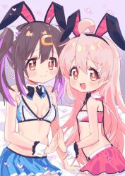 2girls :d ahoge animal_ear_hairband animal_ears bare_arms bare_shoulders bed_sheet black_bow black_bowtie black_hair black_hairband blue_skirt blush bow bowtie breasts brown_eyes commentary detached_collar fake_animal_ears flat_chest frilled_skirt frills hair_between_eyes hair_ornament hair_scrunchie hairband hairclip hand_to_hand heart long_hair medium_breasts miniskirt mochitsuki_kagami multicolored_hair multiple_girls official_alternate_costume onii-chan_wa_oshimai! open_mouth oyama_mahiro oyama_mihari pink_hair pink_skirt purple_hair rabbit_ears scrunchie siblings sisters skirt smile suspender_skirt suspenders twintails two-tone_hair very_long_hair white_scrunchie wrist_cuffs