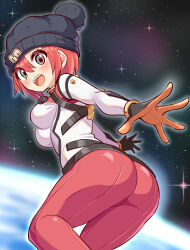 Rule 34 | 1girl, amate yuzuriha, ass, beanie, blush, bodysuit, breasts, cougar (cougar1404), from behind, gloves, green eyes, gundam, gundam gquuuuuux, hat, looking at viewer, mecha pilot suit, medium breasts, multicolored bodysuit, normal suit (gundam), open mouth, red hair, science fiction, short hair, sideboob, skin tight, smile, solo