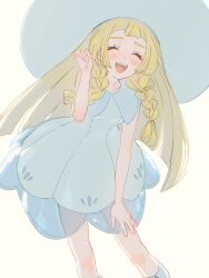 1girl blonde_hair blush braid closed_eyes dress fua1heyvot4ifsr hat highres lillie_(pokemon) long_hair nintendo open_mouth pokemon pokemon_sm shoes smile solo solo_focus twin_braids white_dress white_hat white_shoes