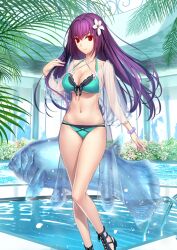 1girl animal aqua_bikini arm_at_side bikini black_sandals bracelet breasts cleavage closed_mouth collarbone criss-cross_halter fate/grand_order fate_(series) fingernails fish floating_hair flower flower_request foot_out_of_frame front-tie_bikini_top front-tie_top game_cg gluteal_fold hair_between_eyes hair_flower hair_intakes hair_ornament halterneck hand_up jewelry koyama_hirokazu large_breasts legs long_hair long_sleeves looking_at_viewer multi-strapped_bikini_bottom navel official_art pink_nails pool pool_ladder poolside purple_hair red_eyes sandals scathach_(fate) scathach_skadi_(fate) scathach_skadi_(swimsuit_ruler)_(fate) scathach_skadi_(swimsuit_ruler)_(final_ascension)_(fate) sidelocks smile solo standing swimsuit swimsuit_cover-up third-party_source variant_set white_flower wide_sleeves