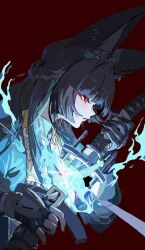 1girl animal_ear_fluff animal_ears aqua_jacket black_gloves black_hair blunt_bangs closed_mouth drawing_sword fox_ears fox_girl from_side gloves highres holding holding_sheath holding_sword holding_weapon hoshimi_miyabi jacket katana long_hair red_eyes sheath snow_(dlawlgus098) sword unsheathing upper_body weapon zenless_zone_zero