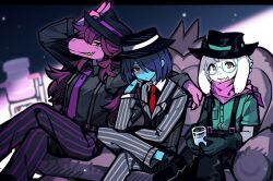 1boy 1girl 1other :d arm_up black_eyes black_hat black_jacket black_pants black_shirt black_shoes blue_hair blue_skin blurry blurry_background bob_cut breasts bright_pupils chinese_commentary closed_mouth collared_shirt colored_sclera colored_skin colored_teeth commentary_request couch crossed_legs cup deltarune fangs feet_out_of_frame foot_out_of_frame formal_clothes freckles furry furry_female furry_male glass glasses gloves goat_boy green-framed_eyewear green_gloves green_shirt grin hair_over_one_eye hand_on_own_cheek hand_on_own_face hand_up hat highres holding holding_cup horns jacket kris_(dark_world)_(deltarune) kris_(deltarune) kris_(gangster)_(deltarune) layered_sleeves light_particles long_hair long_sleeves looking_at_viewer necktie official_alternate_costume on_couch one_eye_covered open_mouth pants pink_eyes pink_scarf pink_skin pinstripe_jacket pinstripe_pants pinstripe_pattern pinstripe_suit purple_hair purple_necktie ralsei ralsei_(gangster) red_eyes red_necktie reptile_girl round_eyewear scarf semi-rimless_eyewear shaded_face sharp_teeth shio_0585 shirt shoes short_hair simple_background sitting skin_fangs small_breasts smile suit susie_(dark_world)_(deltarune) susie_(deltarune) susie_(gangster)_(deltarune) suspenders teeth water white_background white_fur white_pupils white_shirt yellow_sclera yellow_teeth