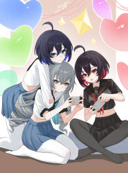3girls absurdres ahoge balloon black_hair black_pantyhose black_serafuku black_skirt blue_eyes blue_hair blue_skirt bronya_zaychik chinese_commentary colored_inner_hair commentary_request dated drill_hair grey_eyes grey_hair handheld_game_console heart_balloon highres holding holding_handheld_game_console honkai_(series) honkai_impact_3rd hug hug_from_behind lao_xi long_hair midriff multicolored_hair multiple_girls no_shoes pantyhose playing_games pleated_skirt red_eyes red_hair school_uniform seele_(alter_ego) seele_(honkai:_star_rail) seele_vollerei serafuku short_hair skirt two-tone_hair white_pantyhose white_serafuku
