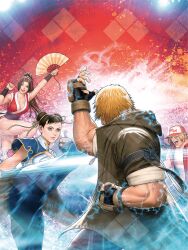 Rule 34 | 2boys, 2girls, bare legs, biceps, black hair, blocking, blonde hair, capcom, cheering, chinese clothes, chun-li, commentary, crossover, crowd, electricity, english commentary, evo moment #37, evolution championship series, fatal fury, fatal fury: city of the wolves, fighting, fighting stance, fingerless gloves, gloves, hair ribbon, hand fan, hat, high kick, hood, hooded jacket, jacket, ken masters, kicking, mori toshiaki, multiple boys, multiple girls, official art, padded gloves, promotional art, ribbon, scene reference, shiranui mai, street fighter, street fighter 6, terry bogard, thighs, yellow ribbon