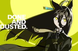 Rule 34 | 132109chisato, 1girl, absurdres, ahoge, all-out attack, animal ears, black choker, black coat, black gloves, black hair, black shirt, choker, closed mouth, coat, collared shirt, ear tag, earrings, english text, expressionless, floating hair, gloves, grey hair, hair between eyes, hand up, highres, horse ears, horse girl, jewelry, long bangs, long hair, long hair between eyes, manhattan cafe (umamusume), multicolored hair, necktie, open clothes, open coat, persona, persona 3, persona 3 reload, scene reference, shirt, single earring, solo, umamusume, very long hair, yellow background, yellow necktie, yellow theme