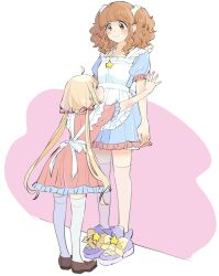 2girls :3 against_wall age_difference ahoge alternate_costume alternate_hairstyle apron arched_bangs blonde_hair blue_dress blue_trim bow brown_eyes brown_footwear brown_hair closed_mouth commentary dot_nose dress frilled_apron frilled_dress frilled_sleeves frills futaba_anzu hair_bow hair_ornament hair_scrunchie height_difference highres idolmaster idolmaster_cinderella_girls kabedon kirakira_p_cyan leaning leaning_forward light_blush loafers long_hair looking_at_another looking_down looking_up low_twintails maid maid_apron moroboshi_kirari multiple_girls pink_background pink_bow pink_dress pink_thighhighs pink_trim purple_footwear scrunchie shoes short_sleeves sidelocks simple_background smile sneakers standing star_(symbol) straight_hair tall_female thighhighs twintails very_long_hair wall wavy_hair white_apron white_scrunchie white_thighhighs yellow_bow yuri