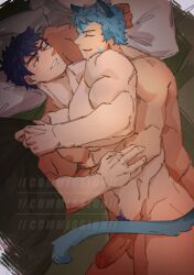 Rule 34 | 2boys, absurdres, animal ears, artist name, bara, bed sheet, blue hair, blue tail, blush, cat ears, cat tail, commission, copyright name, dated, dim lighting, erection, facial hair, fire emblem, fire emblem: path of radiance, fire emblem: radiant dawn, highres, holding another&#039;s arm, hug, hug from behind, ike (fire emblem), kemonomimi mode, looking at another, male focus, male pubic hair, multiple boys, muscular, muscular male, nintendo, nipples, nude, on bed, one eye closed, penis, pillow, pubic hair, ranulf (fire emblem), satodee, smile, spooning, tail, upper body, yaoi