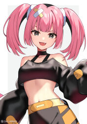 Rule 34 | 1girl, :d, bare shoulders, belt, black shirt, blunt bangs, bright pupils, collarbone, commentary request, coral (pokemon), cropped shirt, eyelashes, fang, grey eyes, hair ornament, happy, highres, looking at viewer, midriff, navel, nintendo, off-shoulder shirt, off shoulder, open mouth, pink hair, pokemon, pokemon (anime), pokemon horizons, reisui (sui neko22), shirt, skirt, smile, solo, twintails, twitter username, watermark, yellow belt