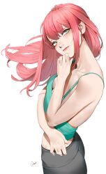 Rule 34 | absurdres, black pants, breasts, green eyes, green tank top, highres, long hair, looking at viewer, medium breasts, ori dal, original, pants, red hair, sleeveless, tank top, white background, yoga pants