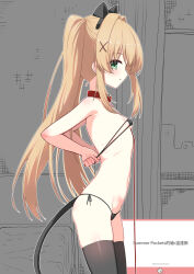 1girl alternate_costume animal_collar animal_ear_hairband animal_ears arms_behind_back ass bikini black_bikini black_hairband black_thighhighs blonde_hair blush breasts cat_ears cat_tail collar commentary copyright_name cowboy_shot eyelashes eyes_visible_through_hair fake_animal_ears fake_tail from_side green_eyes grey_background groin hair_between_eyes hair_intakes hair_ornament hairband highres long_hair looking_at_viewer micro_bikini navel outline parted_lips petite profile ribs rsg@yuttari side-tie_bikini_bottom sidelocks sideways_glance simple_background skindentation small_breasts solo stomach straight_hair summer_pockets swimsuit tail thighhighs thighs tsumugi_wenders twintails very_long_hair white_outline x_hair_ornament
