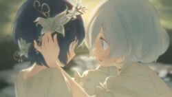 Rule 34 | 2boys, 7 ps, arm up, black choker, blue eyes, blue hair, blurry, blurry background, brown eyes, choker, commentary request, crew neck, eye contact, flower, flower wreath, frilled sleeves, frills, highres, looking at another, male focus, metaphor: refantazio, multiple boys, open mouth, parted bangs, profile, protagonist (metaphor: refantazio), shirt, short sleeves, smile, the prince (metaphor: refantazio), upper body, white flower, white hair, white shirt
