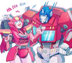 1boy 1girl :d ^_^ autobot blue_eyes blush closed_eyes commentary elita_one english_commentary hand_on_another&#039;s_chest highres laughing mecha open_mouth optimus_prime robot science_fiction shisan_wei smile transformers transformers:_earthspark wheel white_background windshield