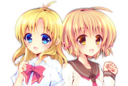 00s 2girls blonde_hair blue_eyes bow brown_eyes comic_party enjoy_mix kashiwagi_hatsune kizuato long_sleeves multiple_girls neckerchief open_mouth school_uniform serafuku short_sleeves simple_background smile tsukamoto_chisa upper_body