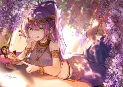 Rule 34 | 1girl, barefoot, bracelet, dayon (dayonnnn), dutch angle, egyptian, feet, feet up, flower, green eyes, highres, hololive, jewelry, lying, on stomach, purple hair, sleeveless, solo, the pose, tokoyami towa, v, virtual youtuber