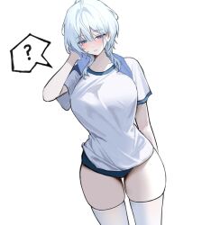 1girl ? blue_buruma blue_eyes blush breasts buruma character_request check_copyright copyright_request cowboy_shot dutch_angle large_breasts looking_down original parted_lips renberry77 shirt short_sleeves simple_background skindentation solo spoken_question_mark thighhighs white_background white_hair white_shirt white_thighhighs