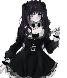 Rule 34 | 1girl, akai ringo (eveyuno), black dress, black ribbon, dress, grey eyes, highres, jirai kei, neck ribbon, non-web source, original, purple hair, ribbon, solo, standing, white background