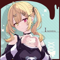 1girl ahoge artist_name black_choker blonde_hair blush choker closed_mouth expressionless hair_ornament hairclip heart heart_hands heterochromia highres hoshikawa_sara looking_at_viewer medium_hair nijisanji panda_hair_ornament pink_eyes shadow shiraki_shiro solo twintails upper_body virtual_youtuber x_hair_ornament yellow_eyes
