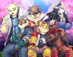 6+boys animal_ears bad_id bad_twitter_id bara bear_boy bear_ears cherry_blossoms commissioner_insert crossed_arms dog_boy dog_ears fenrir_(housamo) furry furry_male holding holding_sword holding_weapon kuron_(metokuron) leib_(housamo) looking_at_viewer male_focus moritaka_(housamo) multiple_boys ninja on_bench school_uniform shino_(housamo) sitting smoking sword tadatomo_(housamo) tiger_boy tiger_ears tiger_stripes tokyo_houkago_summoners v weapon