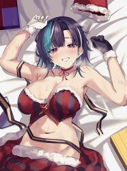 1girl alternate_costume aqua_hair armpits arms_up asymmetrical_bangs bed_sheet black_gloves black_hair blush box bra breasts chest_bow cleavage fur-trimmed_headwear fur-trimmed_skirt fur-trimmed_tube_top fur_trim fur_wrist_cuffs gift_wrapping gloves grin half-closed_eyes hat heavy_breathing highres hololive hololive_dev_is kinkikids753 large_breasts looking_at_viewer lying medium_hair midriff multicolored_gloves multicolored_hair navel neck_ribbon on_bed red_eyes red_skirt red_tube_top ribbon rindo_chihaya santa_costume santa_hat skirt smile solo strapless streaked_hair striped_clothes striped_skirt striped_tube_top sweat tube_top underwear unworn_hat unworn_headwear virtual_youtuber white_gloves white_streaks wrist_cuffs