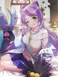 1girl breasts coat creatures_(company) earrings eyeliner eyeshadow flower_earrings game_freak gen_7_pokemon gen_8_pokemon green_eyes highres indoors jewelry lab_coat light_purple_hair long_hair long_sleeves looking_at_viewer makeup medium_breasts miriam_(pokemon) multicolored_hair nintendo off-shoulder_sweater off_shoulder open_clothes open_coat pincurchin pink_eyeliner pink_eyeshadow pokemon pokemon_(creature) pokemon_sv purple_hair school_nurse skirt spikes stethoscope striped_clothes striped_skirt sweater swept_bangs thighs toxapex tuna_picture white_coat window yellow_nails yellow_sweater