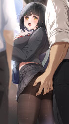1boy 1girl ass bag black_hair black_pants black_pantyhose black_serafuku black_shirt black_skirt blue_bag blue_sky breasts chikan clothes_lift commentary_request cropped_shirt day from_below grabbing_another&#039;s_ass grabbing_from_behind green_eyes groping highres idolmaster idolmaster_cinderella_girls large_breasts light_particles long_sleeves midriff_peek mk_(mod0) molestation open_mouth pants pantyhose people pleated_skirt school_bag school_uniform serafuku sexual_harassment shirt short_hair skirt skirt_lift sky sleeves_rolled_up solo_focus standing sweat takafuji_kako teeth upper_teeth_only white_shirt