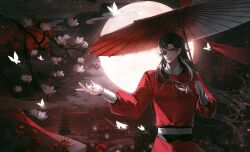 1boy absurdres architecture bandaged_neck bandages black_hair black_nails braid branch bug butterfly butterfly_necklace chinese_clothes cloud curtained_hair earrings east_asian_architecture eyepatch flower full_moon hair_between_eyes hanfu hh9903 highres holding holding_flower holding_umbrella hua_cheng insect jewelry leaf light_particles long_hair long_sleeves looking_to_the_side magnolia male_focus maple_leaf moon night night_sky oil-paper_umbrella parted_lips pointy_ears red_eyes red_flower red_hanfu red_robe red_umbrella robe sash side_braid silver_necklace single_earring sky smile smoke solo spider_lily string string_of_fate tianguan_cifu tower umbrella upper_body white_butterfly white_flower white_sash yuanlingpao