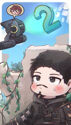 Rule 34 | 1boy, 1girl, adam (stellar blade), beard, black eyes, black hair, brown hair, closed eyes, countdown illustration, deformed, drone, facial hair, highres, lily artemis ii (stellar blade), mustache, official art, short hair, stellar blade, sweatdrop