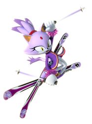 1girl 3d animal_ears animal_nose arm_up blaze_the_cat blaze_the_cat_(winter_sports) body_fur cat_ears cat_girl cat_tail coat colored_tips fangs female_focus flat_chest forehead_jewel full_body fur-trimmed_coat fur-trimmed_sleeves fur_trim furry furry_female gem gloves gold_trim hair_tie happy holding_ski_pole jumping knees_together_feet_apart legs_up logo long_sleeves looking_at_viewer mario_&amp;_sonic_(series) mario_&amp;_sonic_at_the_sochi_2014_olympic_winter_games motion_blur multicolored_hair official_art open_mouth pants purple_coat purple_fur purple_hair purple_shoes red_gemstone red_trim shoes short_hair simple_background ski_pole skiing skis smile solo sonic_(series) tail teeth third-party_source tongue topknot transparent_background two-tone_fur two-tone_hair white_fur white_gloves white_pants yellow_eyes