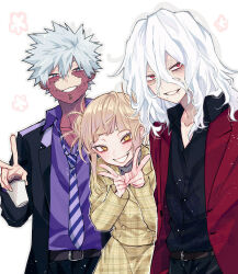 Rule 34 | 1girl, 2boys, anoko (darenokoanoko), belt, belt buckle, black jacket, black pants, black shirt, blonde hair, blue eyes, blunt bangs, blush, boku no hero academia, brown belt, buckle, burn scar, buttons, collarbone, collared shirt, cup, dabi (boku no hero academia), diagonal-striped clothes, diagonal-striped necktie, double-breasted, double-parted bangs, double v, dress, dress shirt, facial scar, flower symbol, grey hair, grin, hair between eyes, hair bun, hands up, holding, holding cup, jacket, lapels, light particles, long bangs, long sleeves, looking at viewer, medium hair, messy hair, mole, mole under mouth, multiple boys, necktie, notched lapels, open clothes, open collar, open jacket, pants, plaid clothes, plaid dress, purple shirt, red eyes, red jacket, scar, scar across eye, scar on cheek, scar on chest, scar on face, scar on mouth, scar on neck, shigaraki tomura, shirt, shirt tucked in, short hair, short hair with long locks, sidelocks, smile, spiked hair, striped clothes, striped necktie, toga himiko, tsurime, v, watermark, white background, white hair, wing collar, wrinkled skin, yellow dress, yellow eyes