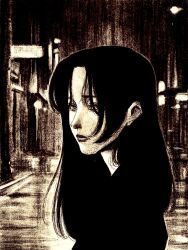 Rule 34 | 1girl, black hair, building, from side, greyscale, highres, long hair, looking at viewer, monochrome, night, original, portrait, road, shadow, solo, street, tp p pt